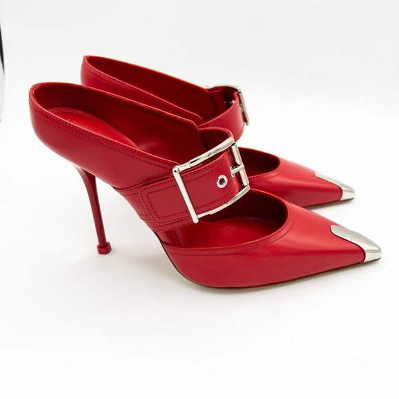 Alexander McQueen Red Leather Buckle Point-Toe Mules (New without box) - Picture 1 of 8